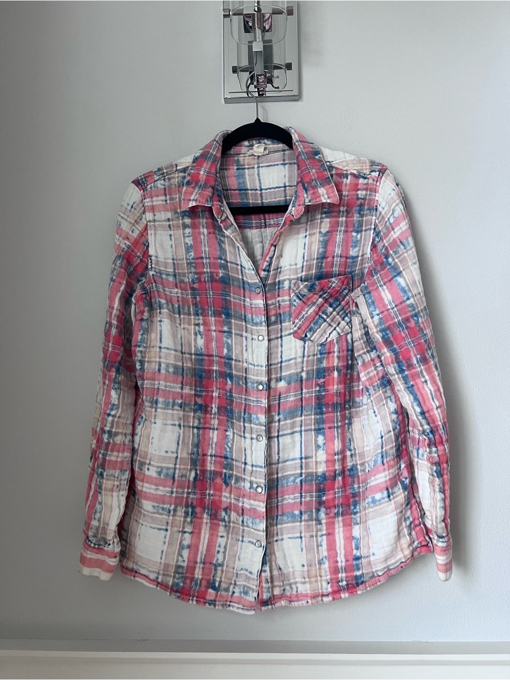 Women's Pink Plaid Button-Front double gauze Shirt Jacket
